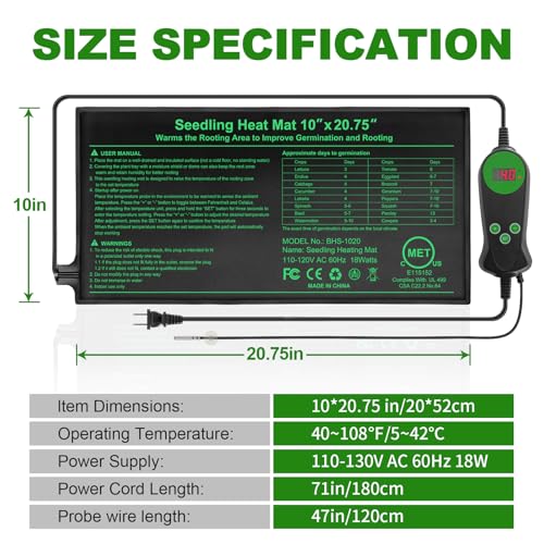 Seedling Heat Mat with Built-in Temperature Controller, 10" x 20.75" Waterproof Plant Heating Pad with Thermostat for Indoor Seed Starting Germination Hydroponics - size: 10" x 20.75" in Thermostat 1 Pack