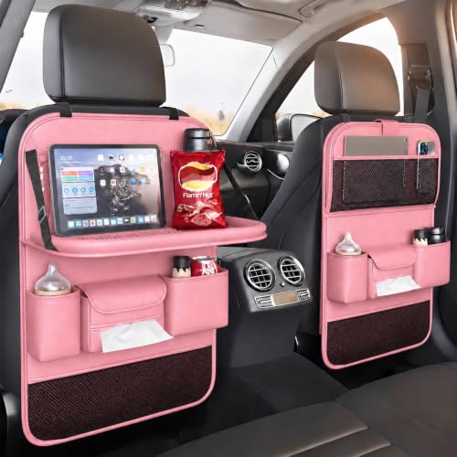 2 Pack Leather Car Backseat Organizer with Foldable Table Tray, Universal Car Seat Back Protector Kick Mat with Touchscreen Tablet Holder, Storage Pockets, Cup Holders & Tissue Holder, Pink - color: Pink