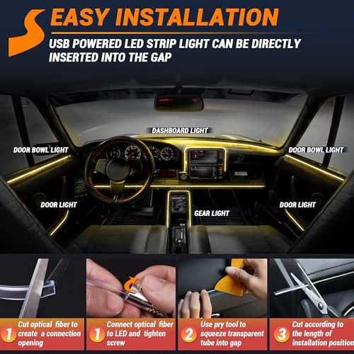 Interior Car LED Strip Lights 315 inches Fiber Optic tubing USB Powered RGB 6 in 1 Car Neon with Wireless APP and Remote Control, Ambient Lighting Kits 16 Million Colors,Sync to Music - size: 6 in 1