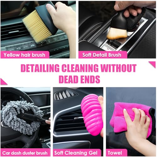 20PCS Pink Car Cleaning Kit, Car Interior Detailing Kit with Red High Power Handheld Vacuum, Detailing Brush Set, Windshield Cleaner, Cleaning Gel, Complete Auto Accessories for Women - color: Pink