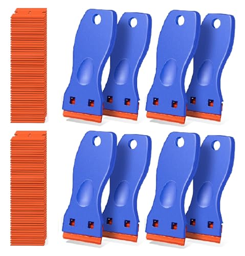 8 PCS Plastic Razor Blade Scraper Tool with 100 PCS Extra Blades, Cleaning Scraper Remover for Stickers Lables Paints Adhesives on Window Glass Car - color: Blue-8pcs
