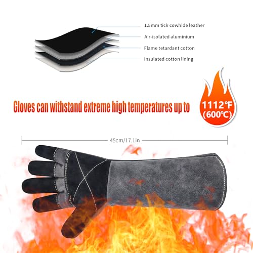 Long Welding Gloves 23.6 Inches 932℉,Heat/Fire Resistant Leather For Mig, Tig, Stick, Forge, BBQ, Grill, Fireplace - color: 17.7in Grey