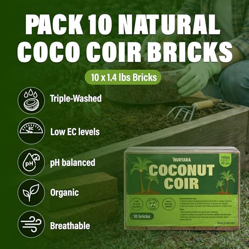 14 Lbs Bricks, Pack 10 Coconut Coir | 1.4 Lbs Each | Organic Compressed Cocopeat, Seed Starter Soil, Coconut Fiber for Reptile Terrarium, Potting Mix | Low EC, pH Balanced, Odor-Free - size: 14 Lbs (Pack of 10)