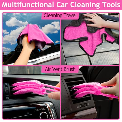 THINKWORK Car Detailing Kit Interior, Windshield Cleaner Tool, Dust Remover - color: Pink