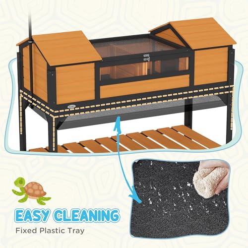 PawHut Tortoise Habitat with Adjustable Lamp Holder, Wooden Tortoise Enclosure with Storage Shelf, Dual Main Houses, Attached Tray, Openable Lid, Yellow