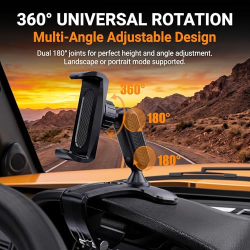 Car Dashboard Phone Holder, 360° Rotating Navigation Stand, Anti-Shake Clip-On Design, Universal Phone Mount for Dashboard, Rearview Mirror & Sun Visor, Hands-Free Car Accessory (Black)