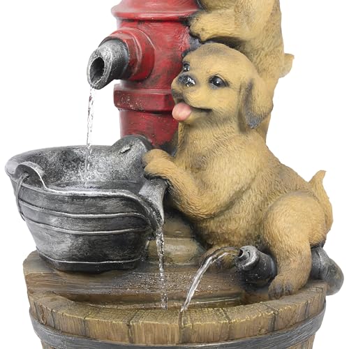 Alpine Corporation GXT986 26" Tall Outdoor Barrel Fountain with Playful Puppies, Cascading Garden Water Feature for Patio, Lawn, or Yard Decor, Brown - style: Barrel with Playful Puppies