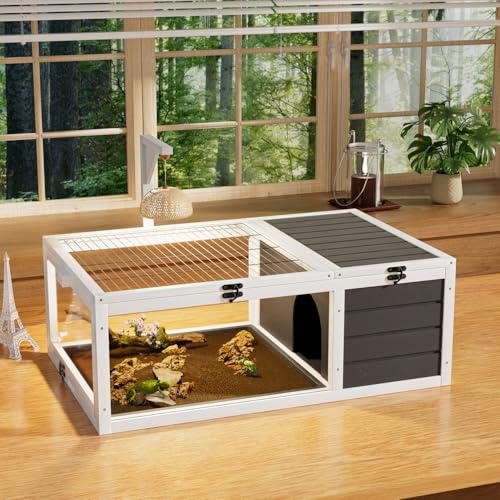 Wood Tortoise Habitat House Indoor with Lamp Holder ＆ Observation Window, Outdoor Tortoise Habitat Amphibians Reptile Cage with 2 Removable Waterproof Trays for Small Animals (Gray C)