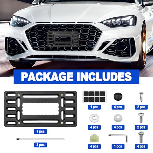 Front License Plate Mounting Kit, No Drill Front Plate Mount, Universal Car Tag Adapter with Anti Theft Stainless Steel Screw Bolt Caps