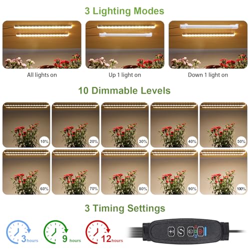 8.6'' LED Grow Light Strips, Full Spectrum 3500K Grow Lights for Indoor Plants, 2 Head with 3/9/12H Timer, 10 Dimmable Levels, Suitable for Seedling, Succulent, Plant Shelf and Greenhouse, 1-Pack - color: 2 Head 1 Pack