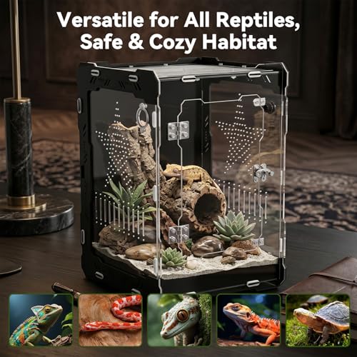 10"x10"x14" Acrylic Reptile Enclosure for Crested Gecko, 6 Gallon Escape-Proof Easy Assembly Large Floor Space, Front Opening Lizard Habitat for Leopard Gecko, Snake, Frog, Small Invertebrates