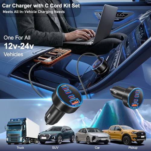 Car Charger USB C,98W 4-Port Super Fast Car Phone Cigarette Lighter Adapter - color: Black