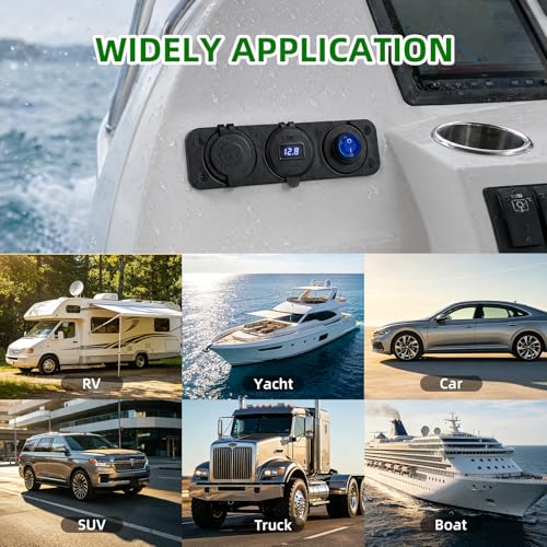 12V 3 in 1 Waterproof Cigarette Lighter Socket, Dual QC3.0 USB and PD3.0 Type‑C Fast Charger Ports, Digital Voltmeter and Switch for Car Marine Boat RV Truck ATV