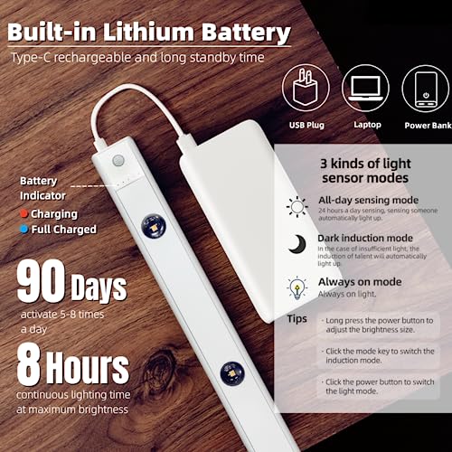 GARTO LED Under Cabinet Lights, Long Size Motion Sensor Hill Effect Closet Light, USB Rechargeable Under Counter Lights for Kitchen Wardrobe Stairs Bedroom Trunk