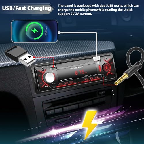 Single Din Car Stereo with Bluetooth 5.0 Hands Free Calling Digital Car Stereo Receiver FM Radio Car Mp3 Player Audio Multimedia System with 2 USB/AUX FM Radio USB Quick Charge LCD Digital Display