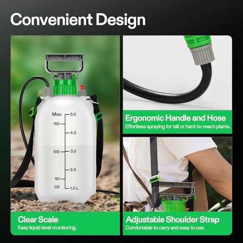 VIVOSUN 1.35 Gal/5L Pump Sprayer, Garden Water Sprayer for Plants, Weeds & Lawn Care, with 3 Nozzles, 50'' Long Hose & Pressure Relief Valve - size: 1.35 gal