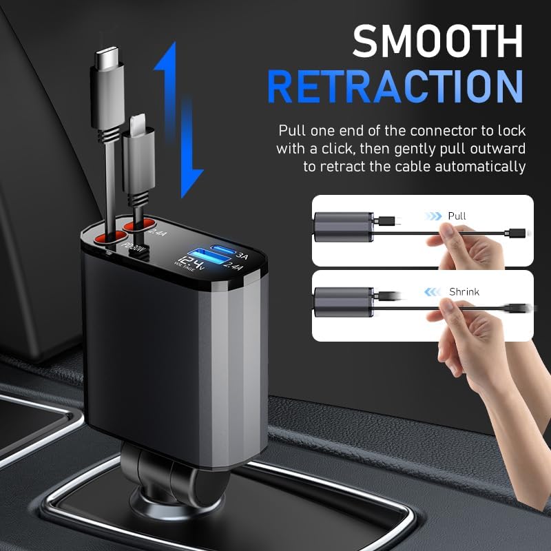 TICCI Retractable Car Charger [60W USB C with Cables] 4-in-1 Retractable Car Charger Fast Charging for iPhone 16, 15, 14, 13, 12 Series, USB-C, Android - color: Blue Grey