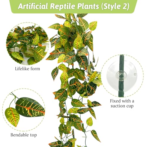 Hamiledyi 5 Pcs Reptile Plants Terrarium Hanging Fake Plant Leaves and Tank Habitat Decorations 2 PCS Terrarium Hanging Plants for Lizard, Snake, Bearded Dragon, Leopard Gecko