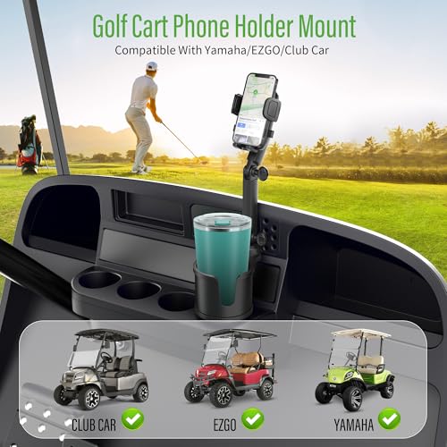 10L0L Updated ABS Golf Cart Cup Holder with Mobile Phone Holder Mount Compatible with Yamaha, EZGO, Club Car Golf Cart Model, 360° Rotatable Stand/One Click to Secure & Release/Expandable