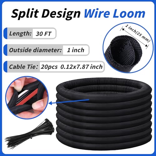 30ft - 1in Split Braided Sleeve Cable Management, Self-Wrapping - size: 1inx30ft