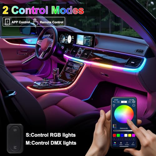 Dreamcolor Acrylic Interior Car LED Strip Lights, 6 in 1 Ambient Lighting Kit with Wireless APP, Dynamic Chasing Music Sync Fiber Optic Lights with DIY Mode, Car Inside Lighting Accessories