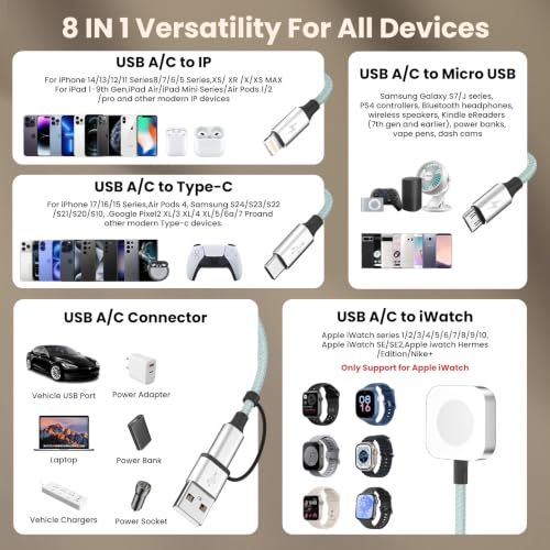 Travel Essentials for iPhone Watch Charger, 4-in-2 Multi Charging Cable 5F - color: Tender Green, size: 1PCS&5FT