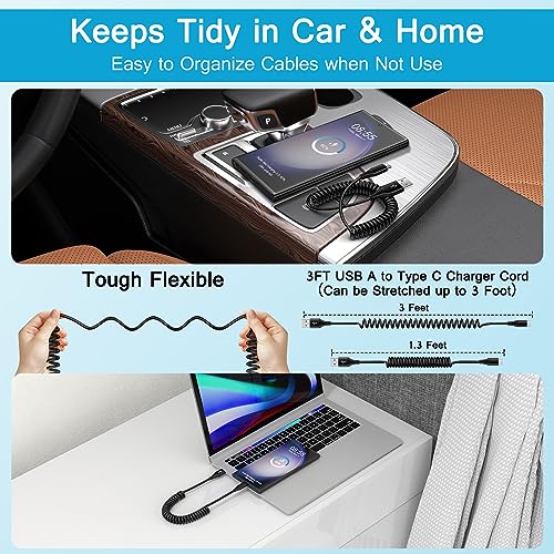 Samsung S24 Ultra FE Coiled USB C to USB A Cable Fast Charging for Galaxy S26 Ultra/S24+/S23/S22/S25,3FT Retractable Android Phone Car Charger Cord for iPhone 17 16 15 Pro Max Plus,Google Pixel 10/9/8