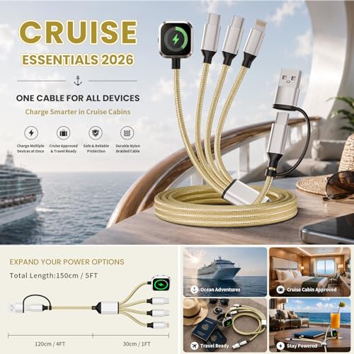 Travel Essentials Multi Charging Cable for iWatch Charger/iPhone 17, 5FT - color: Yellow, size: 1Pack 5FT
