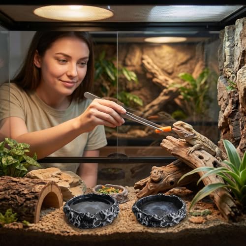 1PCS Leopard Gecko Tank Accessories,Reptile Water Dish & Food Bowl Set with Feeding Tweezers for Leopard Gecko, Lizard, Frog, Snake, Chameleon, Tortoise