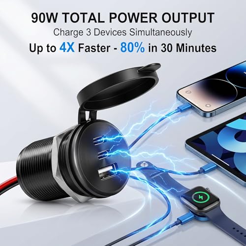 2PCS Aluminum Alloy 12V/24V RV USB Outlet 90W 3 Ports Recessed Mount - color: Deep Black, size: 2P