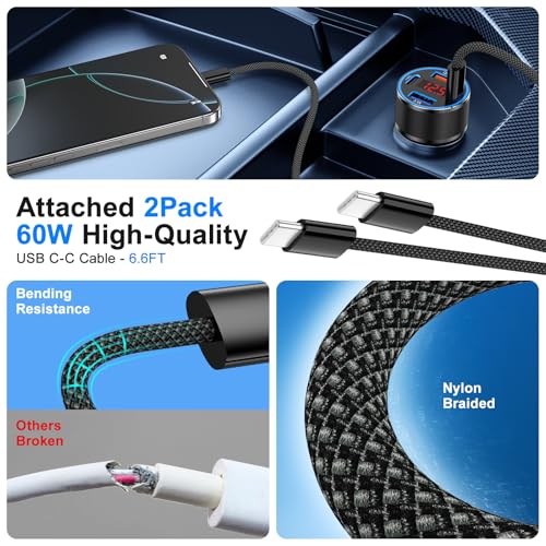 4-Port USB C Car Charger Fast Charging,2Pack 65W Car Phone Charger Adapter - color: Black
