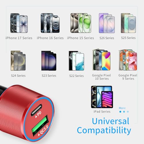 67.5W Red Car Charger USB C Super Fast Charging for iPhone 17 Pro/Android - color: Red, size: 3.3 ft