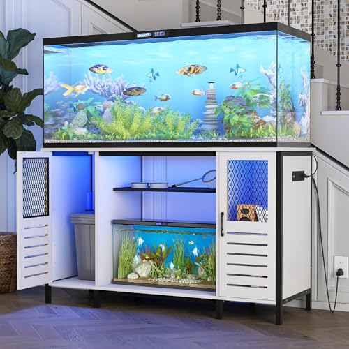 BREEZEHEAT 55-75 Gallon Fish Tank Stand with Power Outlets, LED Light, Adjustable Shelves, Heavy Duty Aquarium Stand with Cabinet, Terrarium stand Suitable for Turtle & Reptile Tank, 1250LBS, White