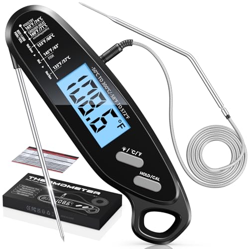 Instant Read Meat Thermometer Digital with Dual Probe, Food Thermometer for Cooking, Baking & Grilling, Large Backlit & Calibration, Grill Thermometer for Outside/Kitchen/Oven/Smoker, Bakeware - color: Black