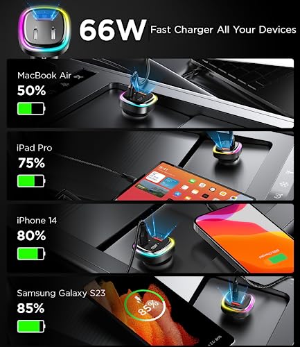 66W USB C Car Charger, [All Metal] 2PD + QC3.0 USB Car Cigarette Lighter USB Charger Adapter with RGB for Samsung Galaxy S23/22/21 iPhone iPad Pro Pixel Android Phones