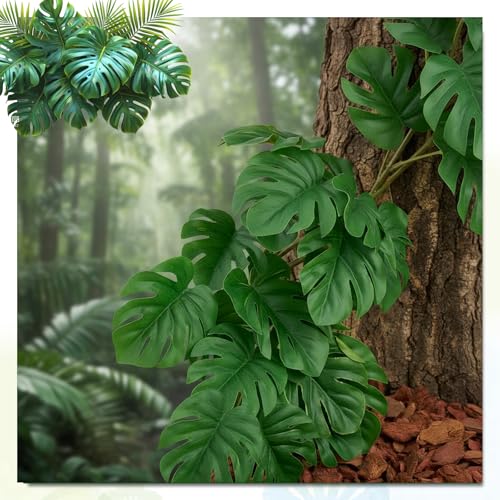 4 Pack Reptile Fake-Plants for Terrarium Amphibian Habitat Decor-Reptiles Artificial Plants for Terrarium Fake-Reptile-Plants - Fake Monstera