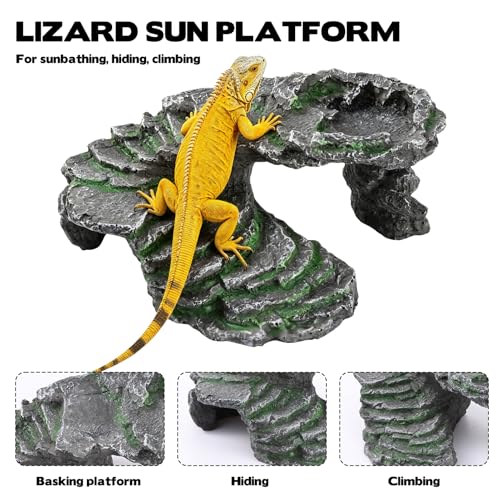 Reptile Hide Cave with Feeding Dish, Basking Platform & Climbing Ledge for Lizards, Natural Rock Style Habitat for Gecko Bearded Dragon Terrarium Decor