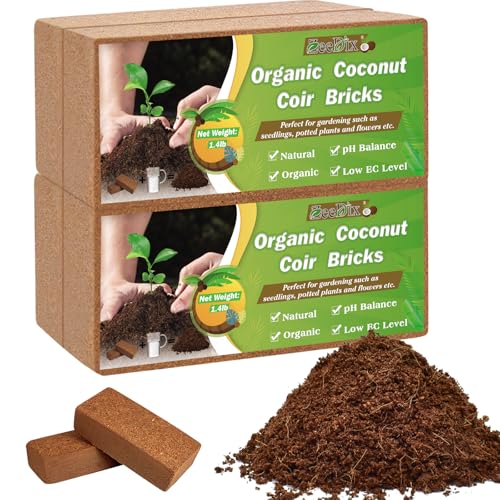 ZeeDix 4 Pcs Premium Coco Coir Brick - 100% Organic Compressed Coconut Coir Starting Mix, Coco Fiber with Low EC and PH Balance for Gardening, Potting Soil, Herbs - size: 4pcs