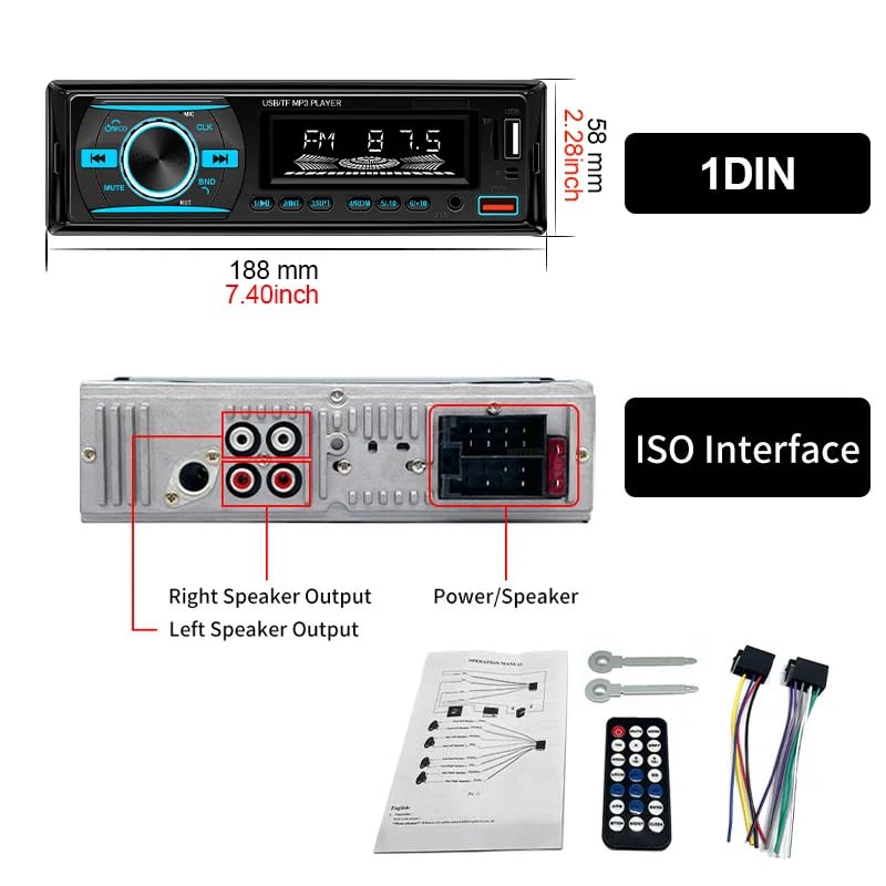 1 DIN Car Stereo Bluetooth Audio Receiver - FM Radio MP3 Player with Hands-Free Calling, Wireless Music Streaming, Fast Charging, USB/TF/AUX Port, 7-Color Backlight, Clock Display, Remote Control