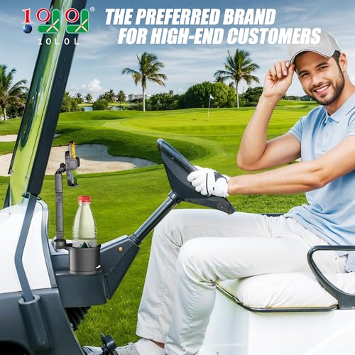 10L0L Updated ABS Golf Cart Cup Holder with Mobile Phone Holder Mount Compatible with Yamaha, EZGO, Club Car Golf Cart Model, 360° Rotatable Stand/One Click to Secure & Release/Expandable
