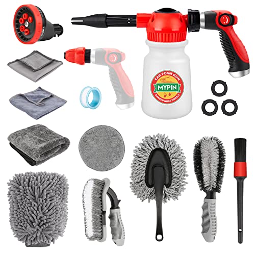 MYPIN Car Wash Foam Gun Set, Foam Cannon, Adjustable Hose Wash Sprayer with 2.5 to 6 Bars Foam Blaster, with Nozzles, Wash Mitten, Suitable for Car Cleaning and Garden Use with 1/2” Quick Connector - color: Black
