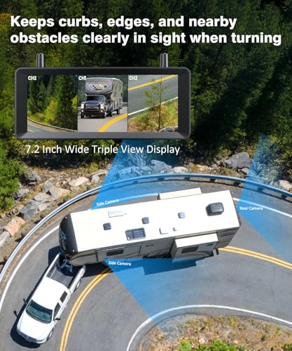 AUTO-VOX Wireless RV Backup Camera Bundle: Rear & Side Cameras with 7.2" HD Split-Screen Monitor and Flexible Bent Mount, Full Rear View Protection for RV, Travel Trailer, Motorhome, and Camper