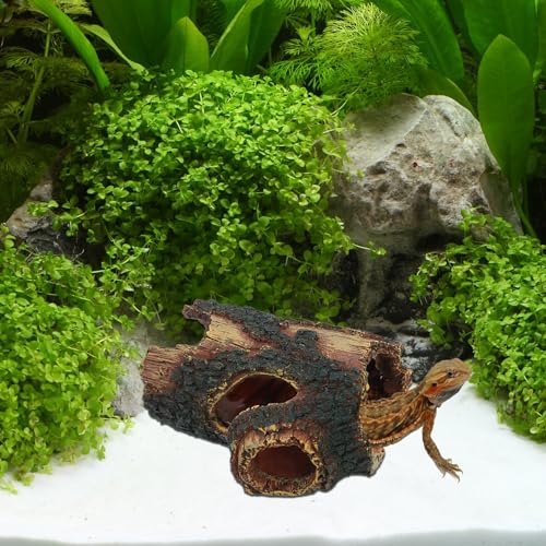 3 pcs Large Reptile Hide Cave Set with Food & Water Bowls. Natural Resin Hollow Tree Trunk Hideout. Reptile and Fish Tank Accessories for Geckos, Lizards, Snakes and Hermit Crabs