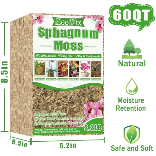 ZeeDix 3.3 lb Premium Sphagnum Moss Bulk, Dried Long Fiber Orchid Sphagnum Peat Moss for Indoor Outdoor Plants, Carnivorous Plants, Succulent, Monstera & Reptiles Habitats (Expands to 60 qt) - size: 3.3 pounds
