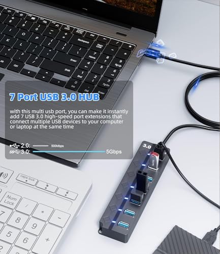 7-Port USB 3.0 Hub 4ft On/Off Switches for Laptop