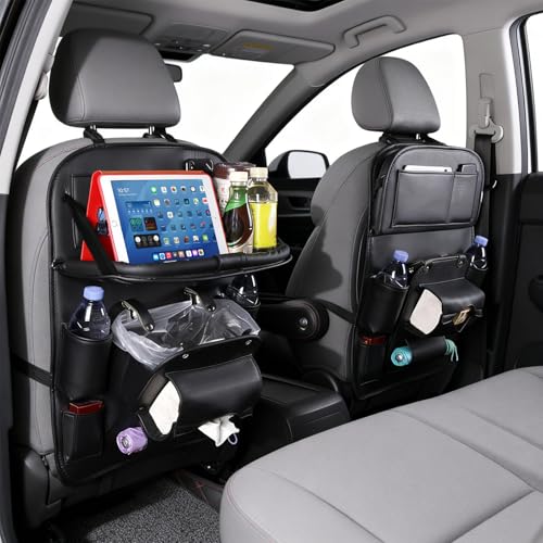 Universal Premium Leather Foldable Car Backseat Organizer with Table Tray, Car Seat Back Protector with Garbage Bag Touch Screen Pad Holder, Car Kick Mats with Tissue Box (Black) - color: Back