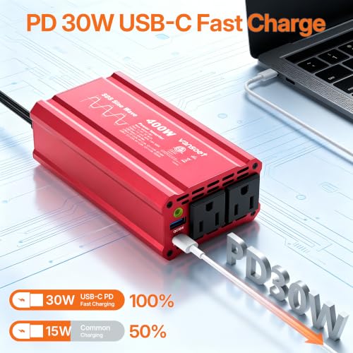 400W Car Power Inverter, DC 12V to AC 110V, PD3.0 QC18W 2 Outlets Dual USB - color: Red-30