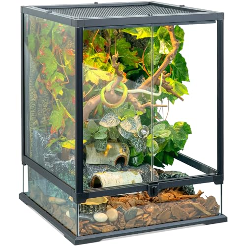 24x18x18'' Glass Reptile Tank Front Opening Terrarium Suitable for Leopard Geckos, Snakes, Tree Frogs, Chameleons,Watertight Base, Ventilated Metal Mesh Top, Pre-Drilled Cable Holes - size: 24'' x 18'' x 18''