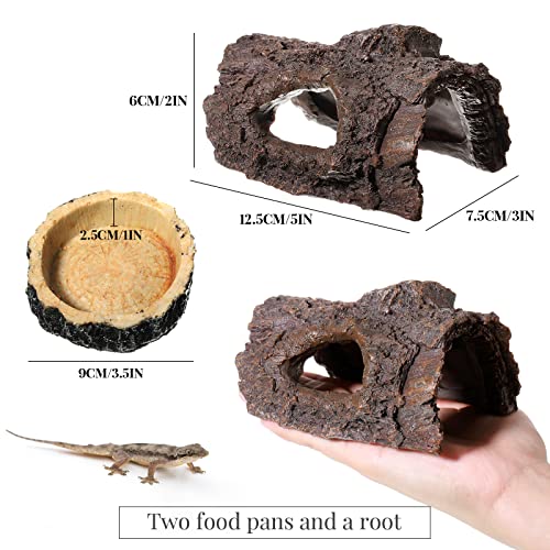 Reptile Hide & Food Bowls - Lizard Resin Hollow Tree Trunk Hideout, Bearded Dragon Tank Accessories - Water Dish Habitat Tank Decoration for Lizards, Snake, Gecko - 3 Pcs (Brown Rock)