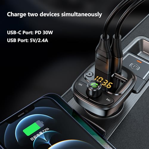 Bluetooth 5.3 FM Transmitter Car Adapter, Wireless Radio MP3 Player Stereo Music Audio Receiver Hands Free Calling, 42W (PD 30W & 12W) USB C Car Charger for iPhone, Support TF Card & USB Disk (Black)